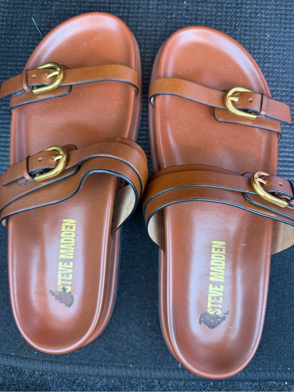 Steve Madden women's  Cognac Leather Double-Buckle Slide Sandals